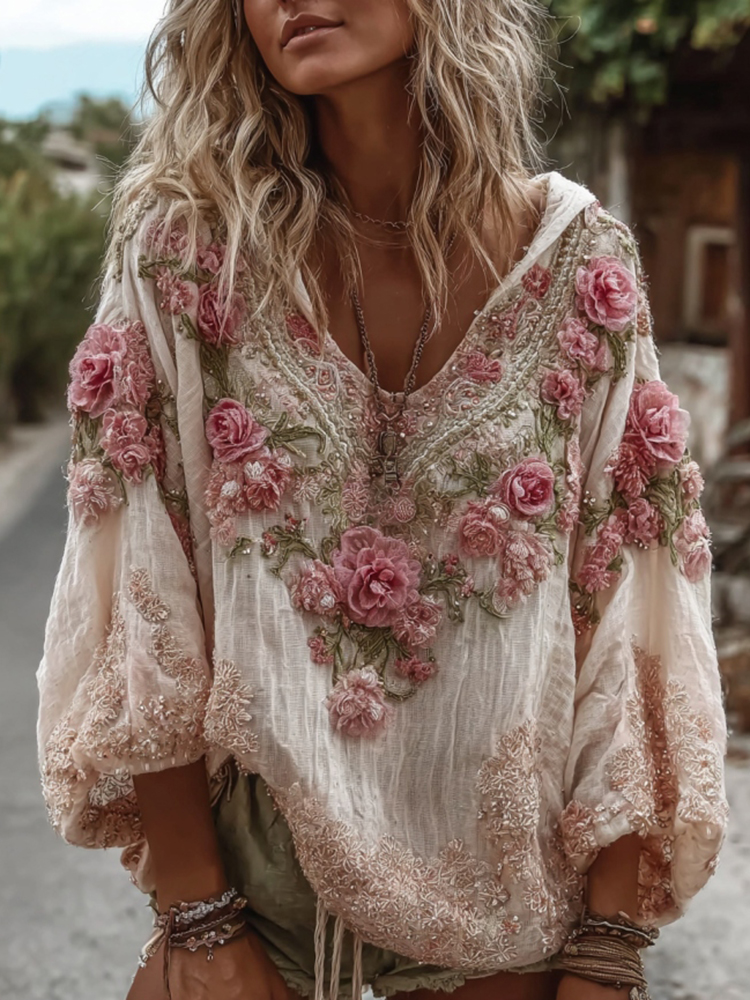 Women's Vintage Floral Embroidery Warm V-neck Hoodie