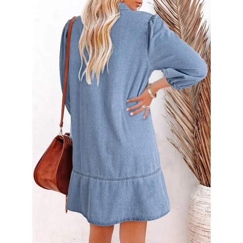 V Neck 3/4 Puff Sleeve Jean Dresses