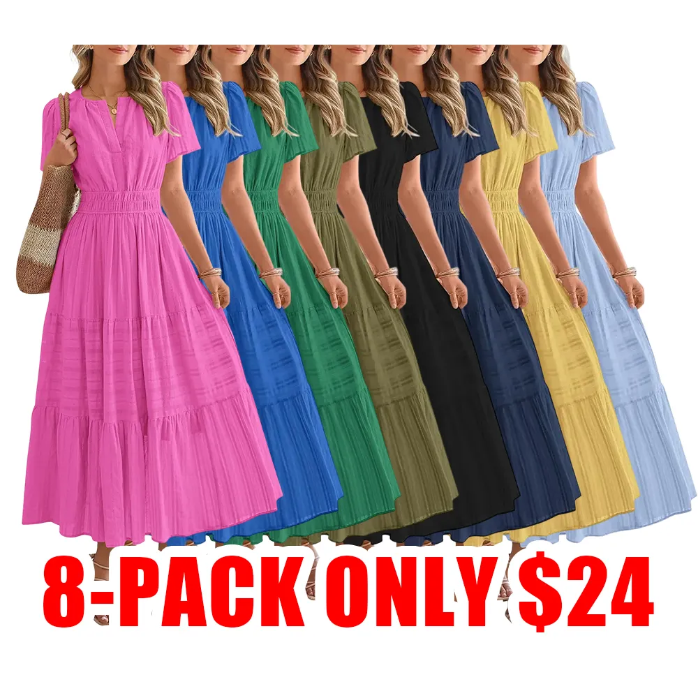 Women’s Summer V-Neck Boho Maxi Dress with Pockets