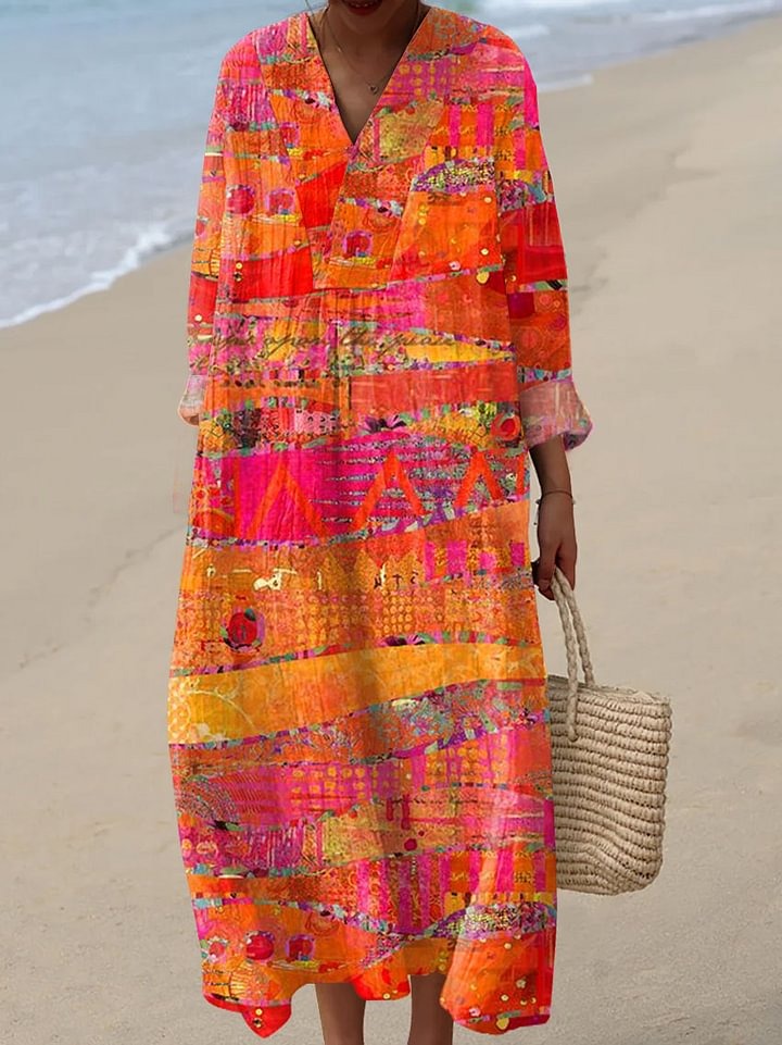 Women's Vintage Art Print Casual Cotton And Linen 3/4 Sleeve Shirt