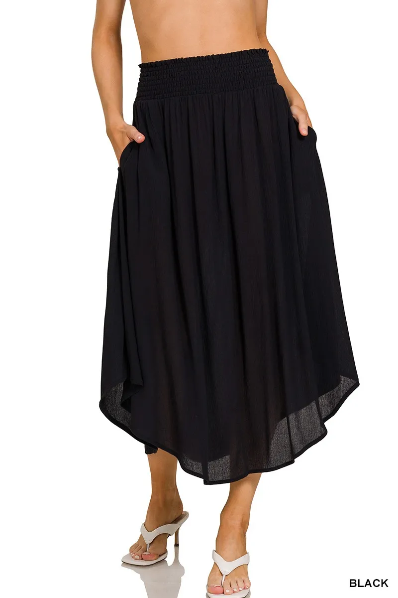 Woven Crinkle Smocked Waist Maxi Skirt W Pockets