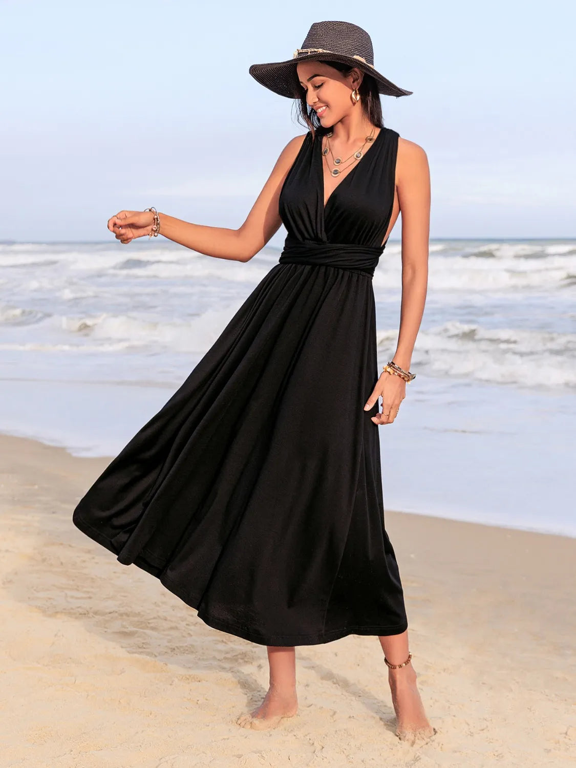 Surplice Sleeveless Ruched Midi Dress