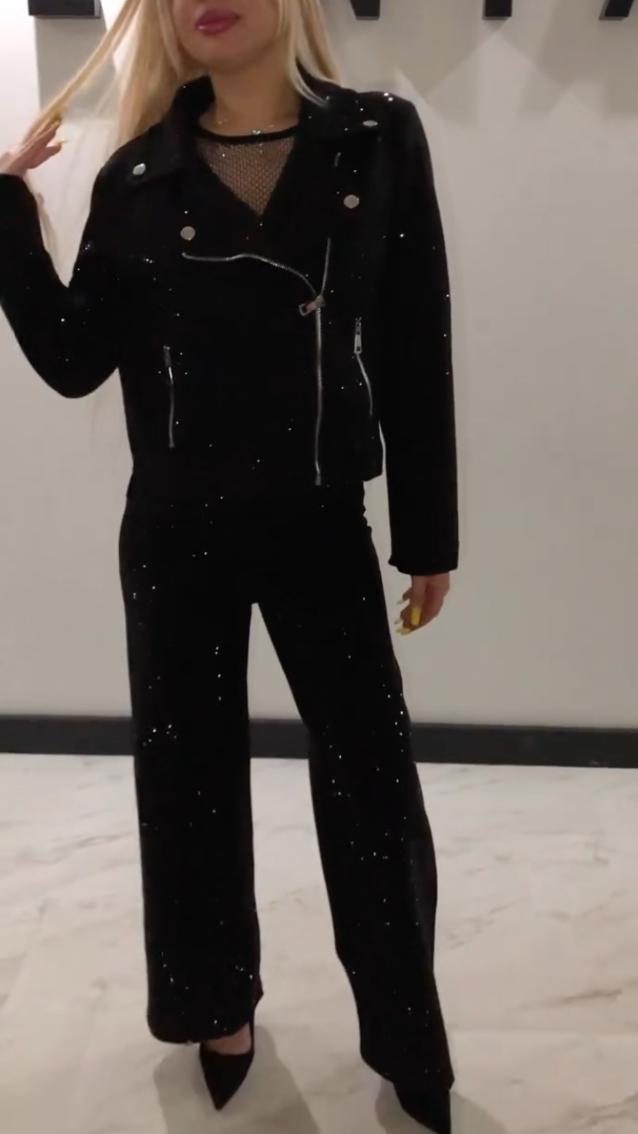 Women Laple Collar Hot Diamond Jacket+ Pants Sparkling Casual Set