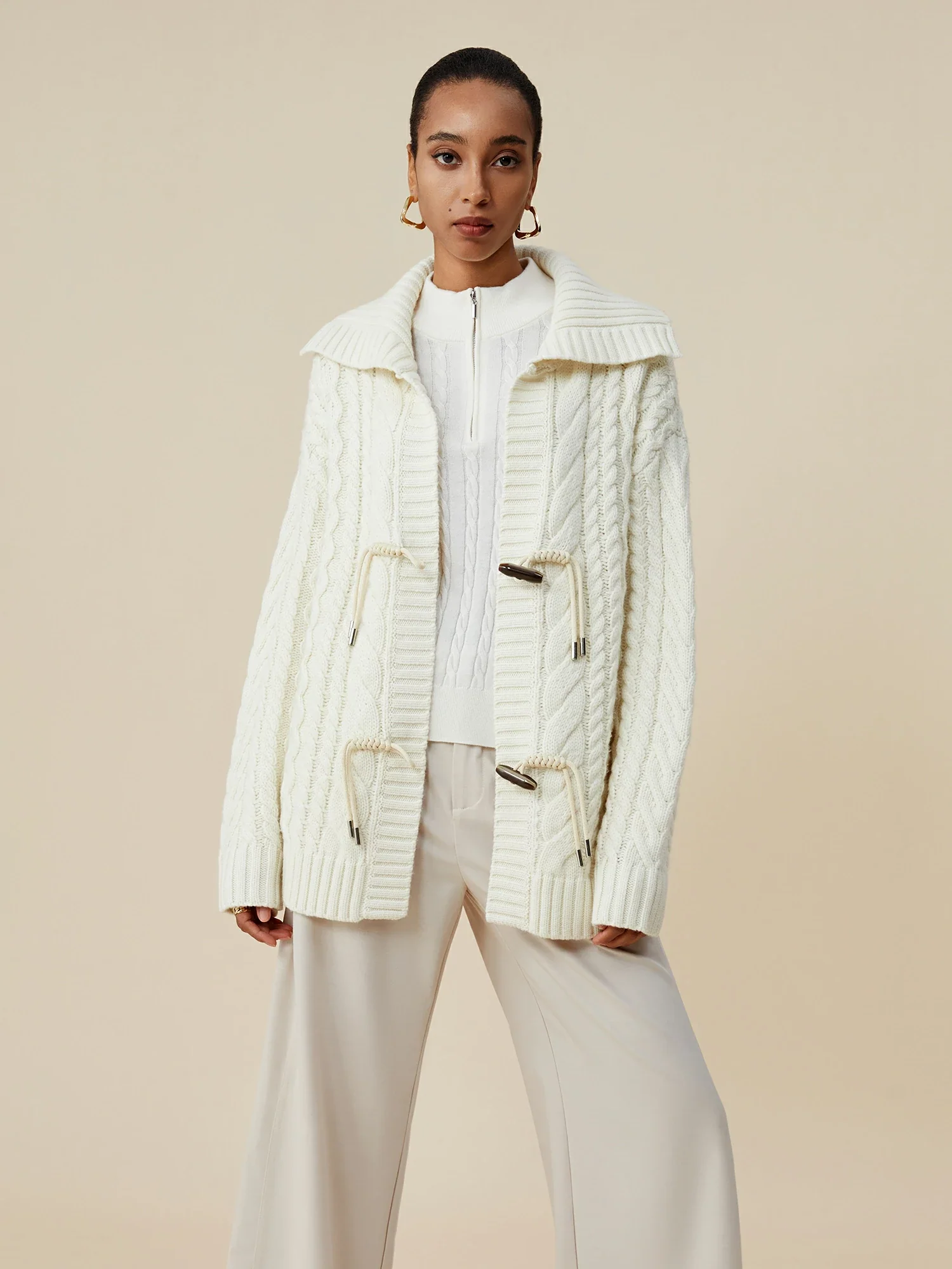 100% Wool Lapel Long Sleeve Knit Cardigan