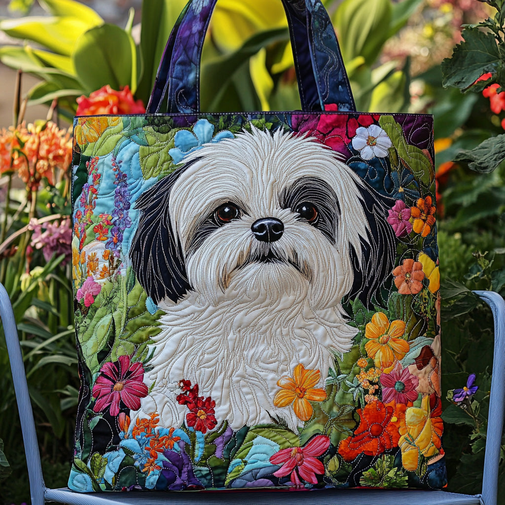 Floral Puppy Garden Quilted Tote Bag – 3D Embroidered Nature Art
