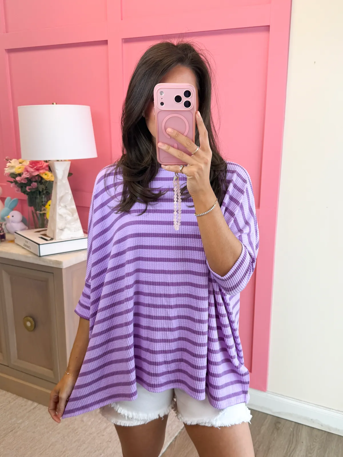 Spring Striped Raised Rib Easy Fit 3/4 Sleeve Top