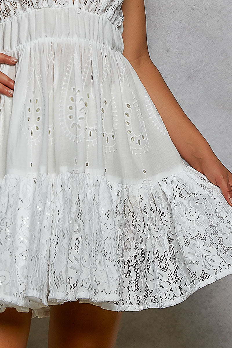 Halter Lace Patch Ruffle Mini Dress with Adjustable Tie on Back