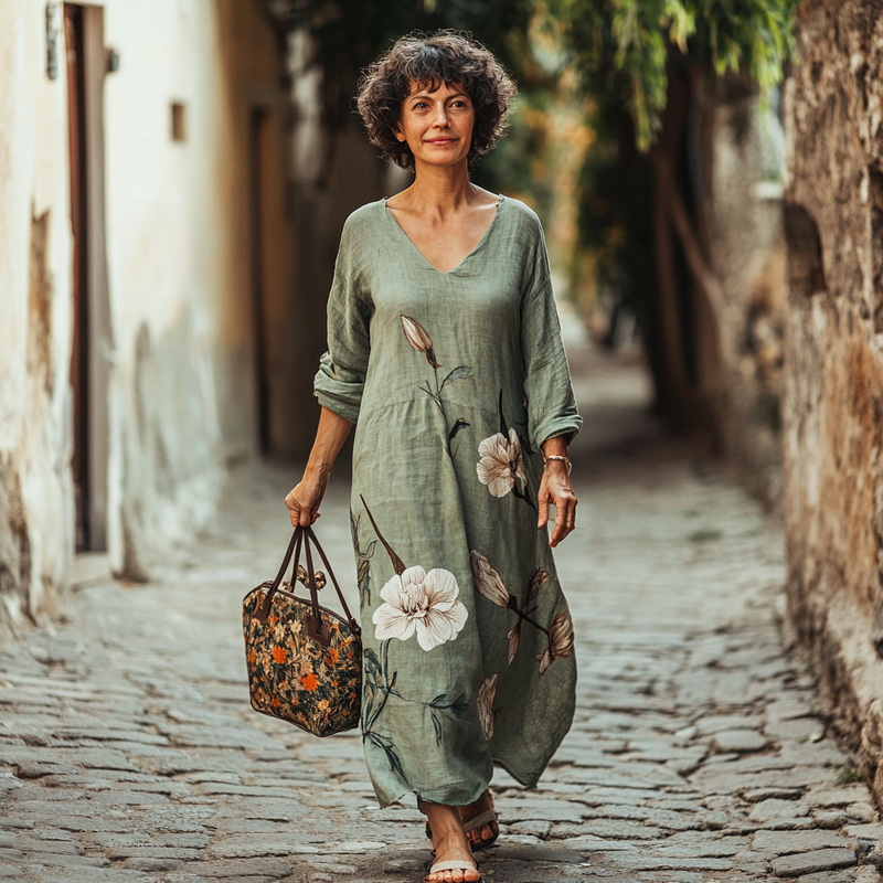 Vintage Loose Linen Patchwork Dress 7c4f