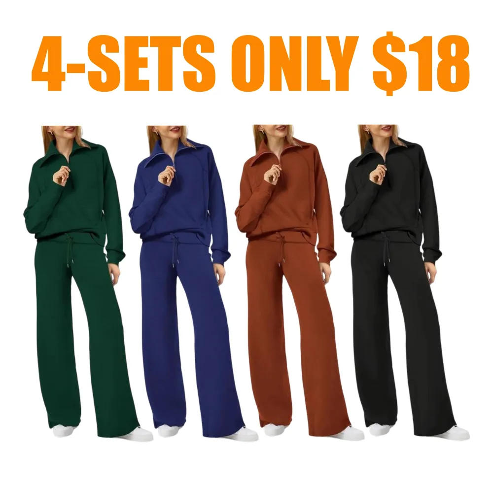 Women's Casual Set 2025 Collection Half-Zip Sweatshirt and Wide-Leg Pants