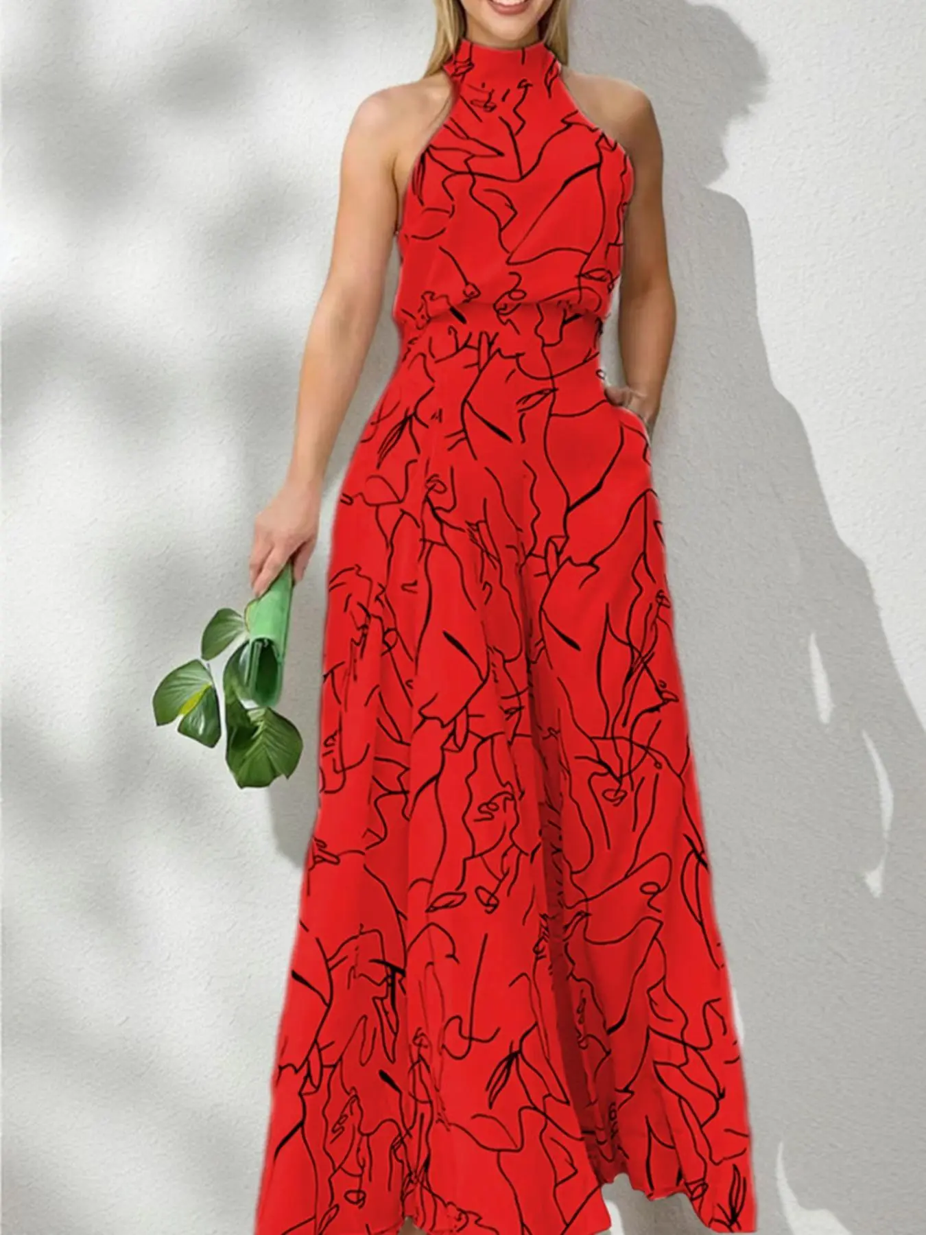 Women's All Over Print Pocket Tie Back Halter Jumpsuit