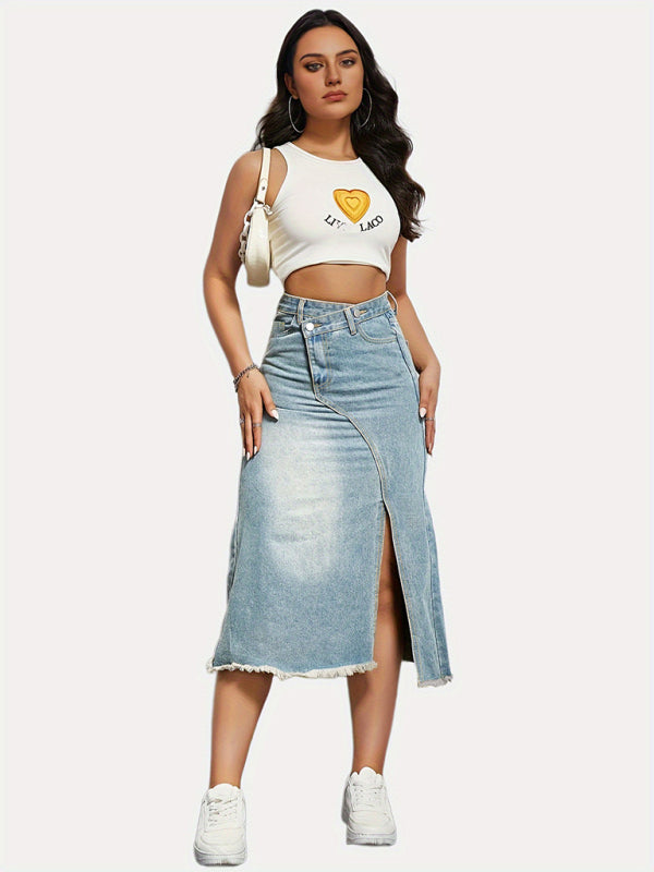 Versatile American Retro Denim Slit Splicing Mid-Length A-Line Skirt