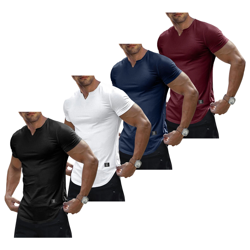 Men's Plain Muscle Slim Fitted T Shirt Polyester V-Neck Longline Shirt