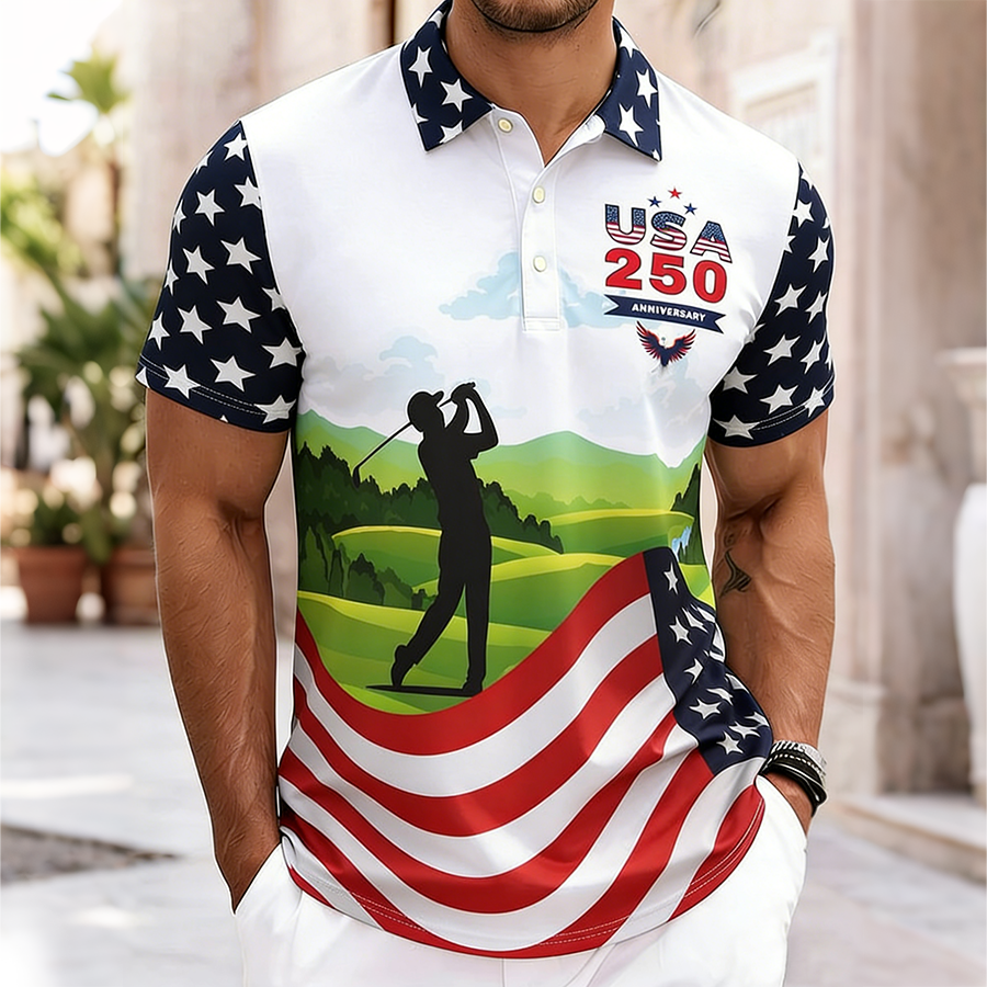 Men'S Casual American Five-Star Flag Golf Personalized Printed Short Sleeved Polo Shirt