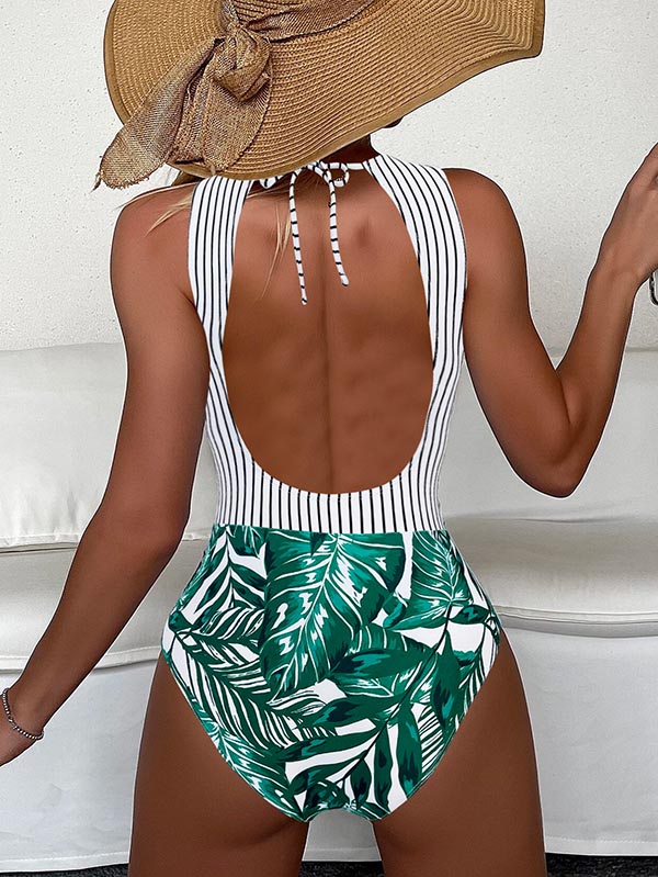 Striped+Floral Printed Split-Joint One-Piece Swimwear