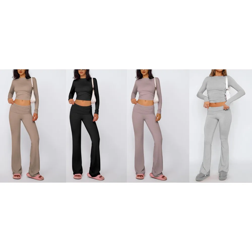 Women's Solid Long Sleeve Tee & Flare Leg Skinny Pants Loungewear Set