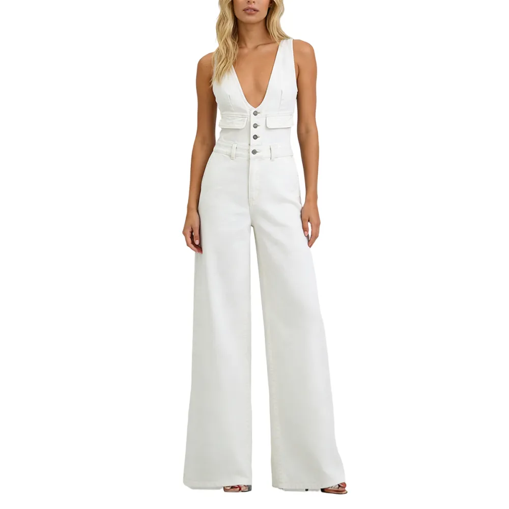 Womens Half Button Denim Jumpsuit Sleeveless V Neck Wide Leg Jeans Overall One Piece Outfits