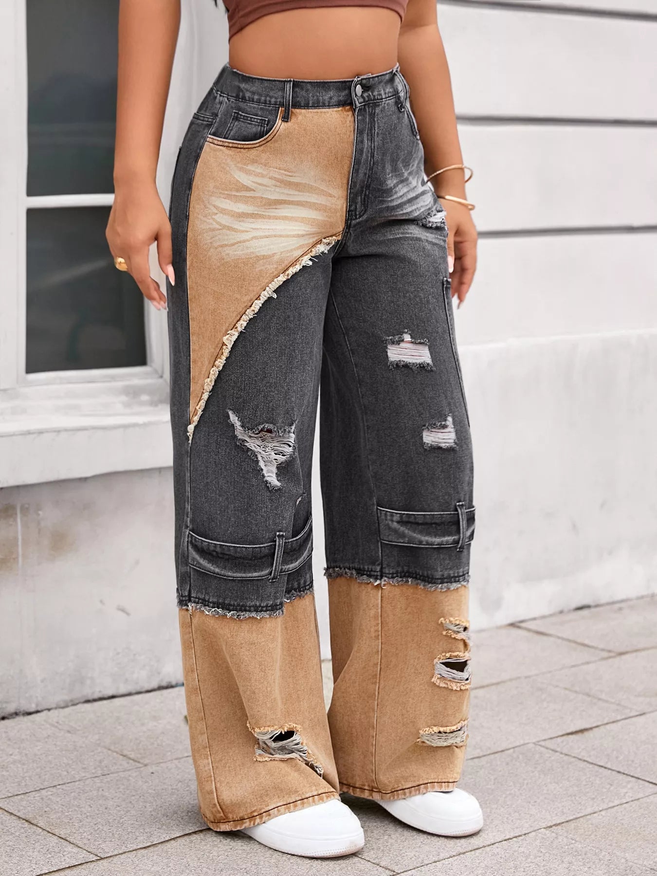 Two-Tone Ripped Wide Leg Jeans