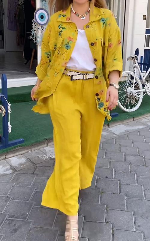Women Casual Lapel Single-breasted Printed Two-piece Suit