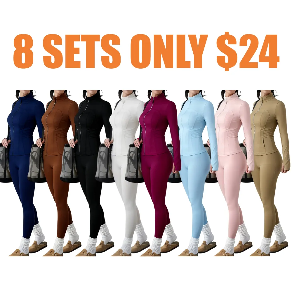 Women's Solid Zip Up Jacket & High Waist Leggings Tracksuit Set