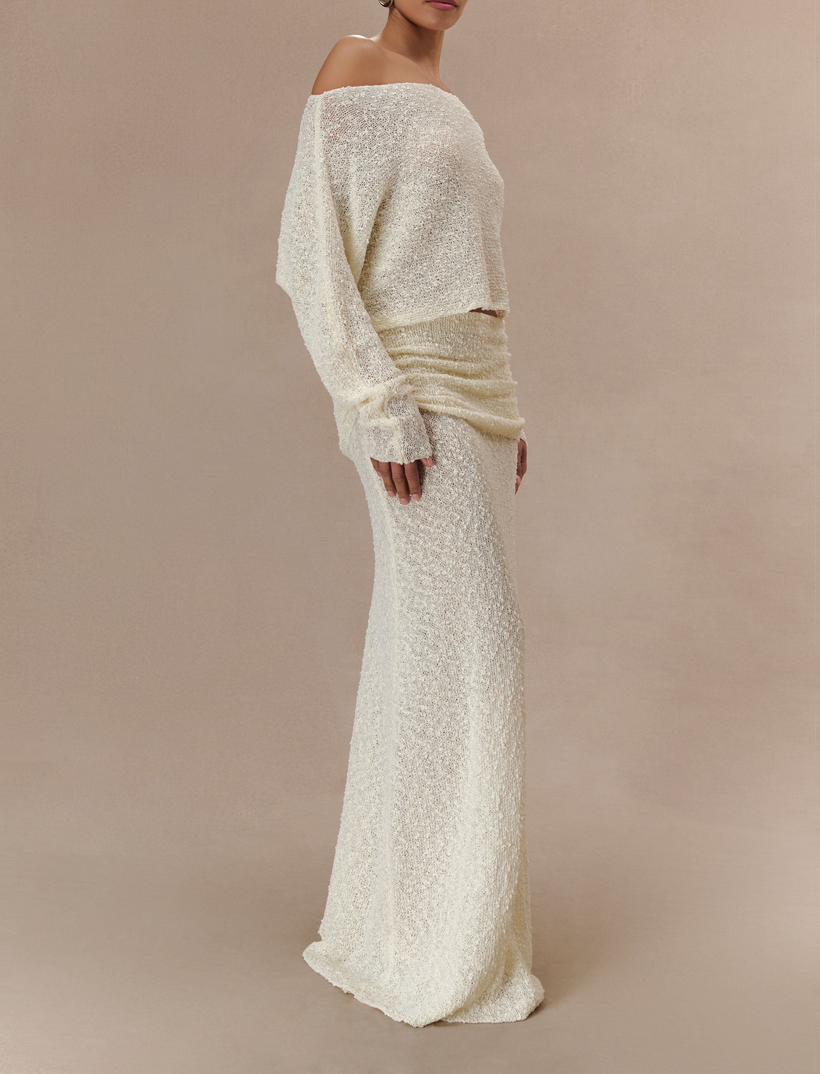 Ivory Ruched Knit Maxi Skirt