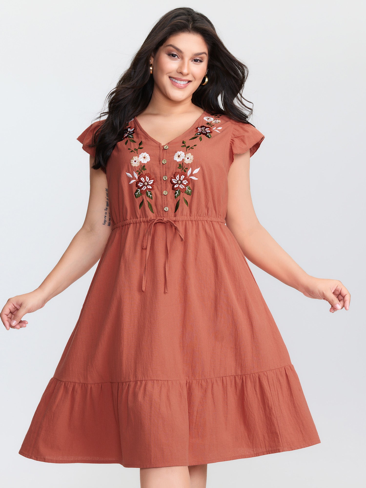 Cotton Floral Embroidery Tiered Mini Dress