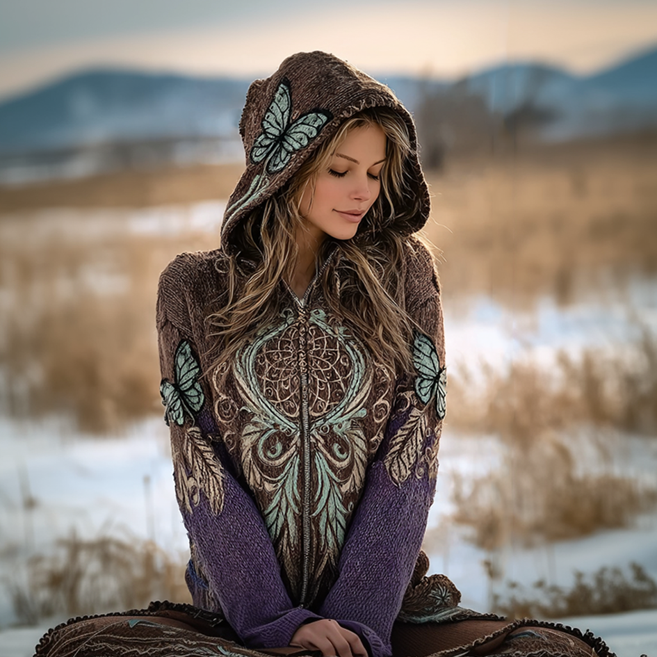 Bohemian Style Dream Catcher Pattern Design Women's Hooded Sweater Coat