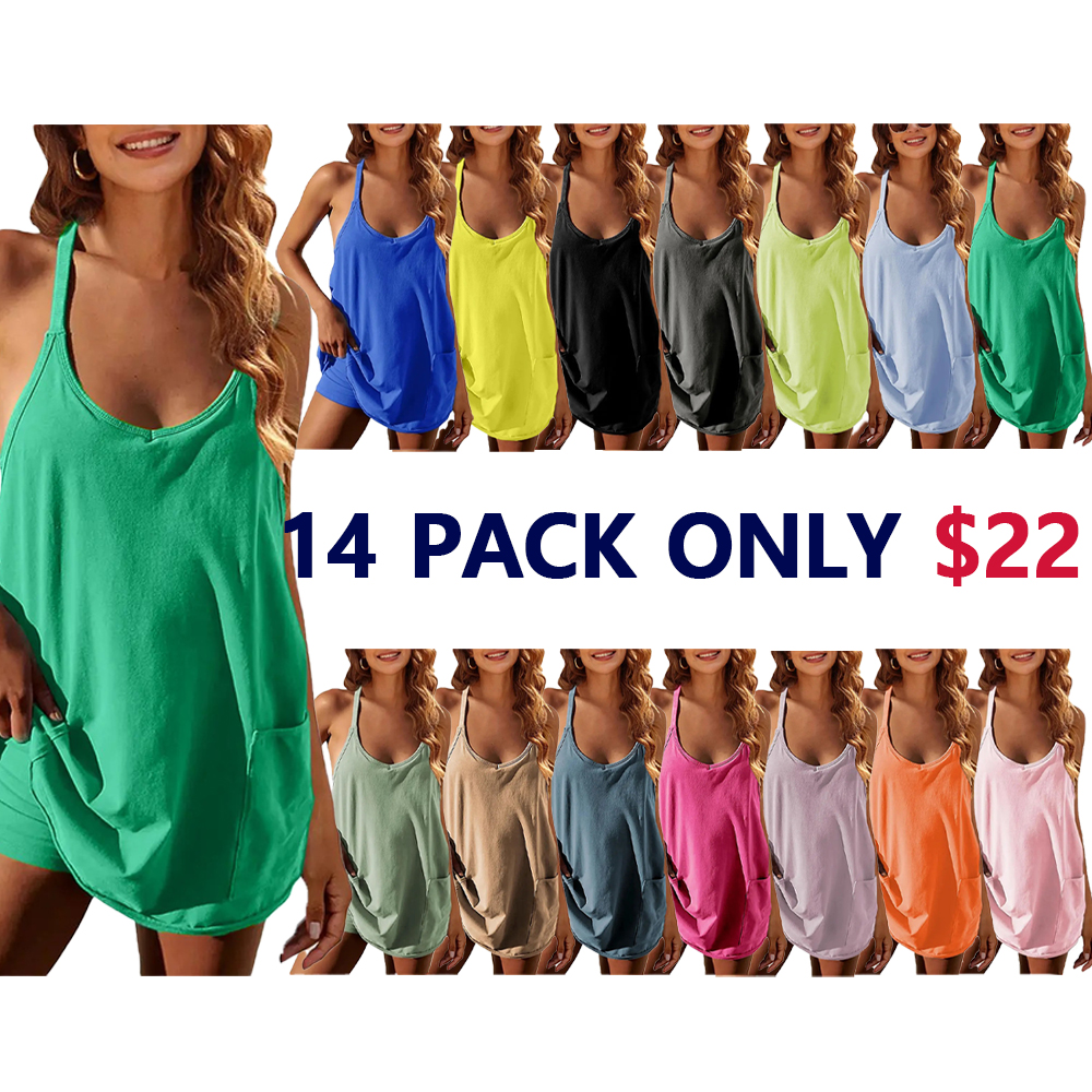 Women's Summer Sleeveless Mini Dress with Built-in Shorts V Neck Spaghetti Straps Athletic Shorts Tennis Dress with Pockets