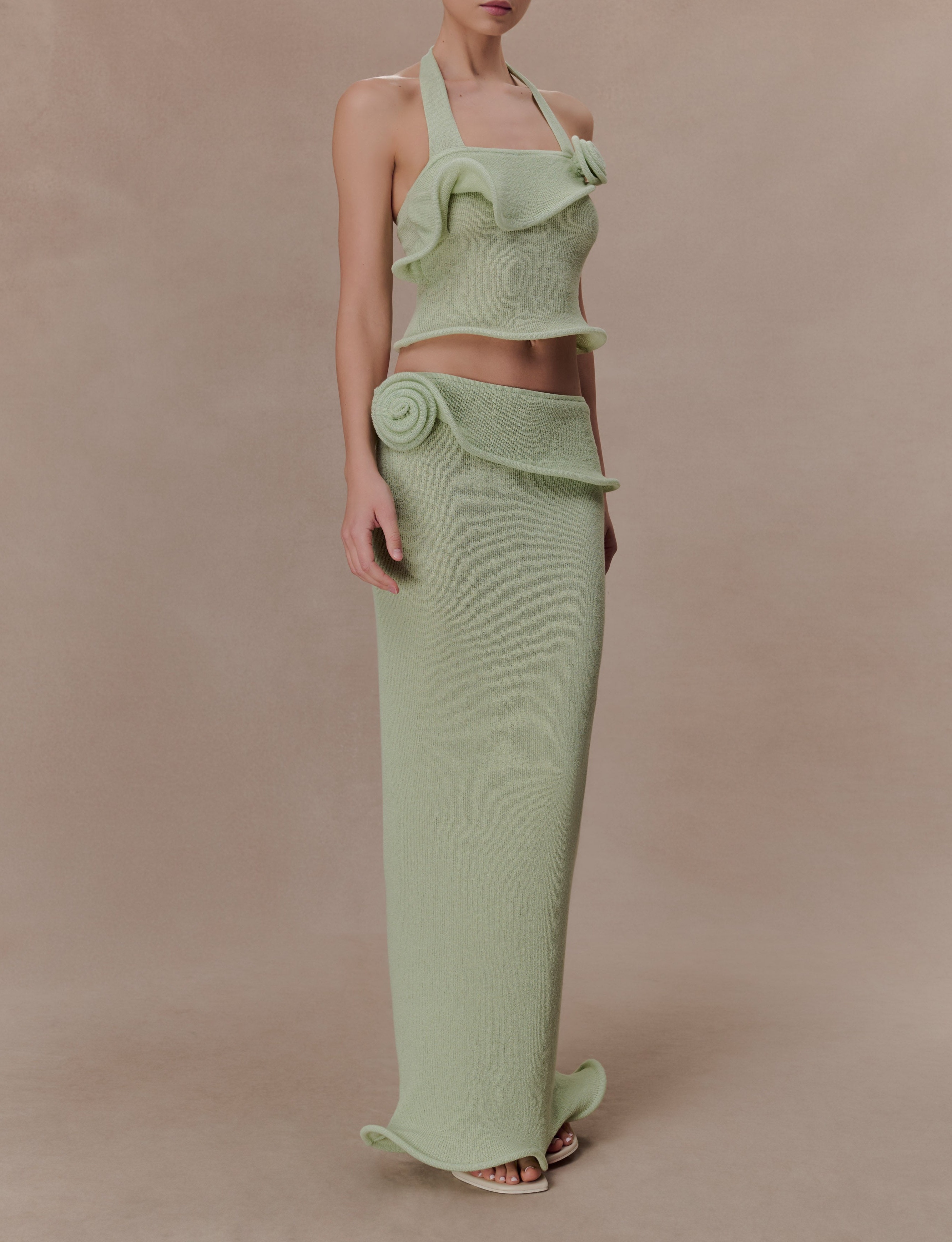 Green Halter Knit Twist Top