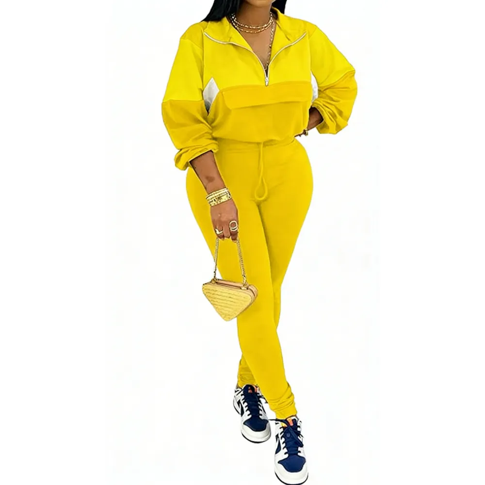 Women's Colorblock 2-Piece Knit Zip Jacket Elastic Waist Tracksuit