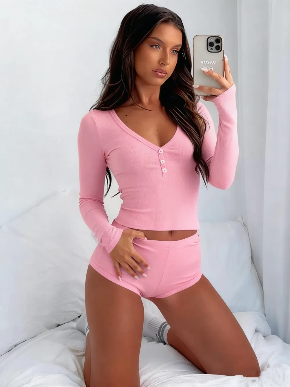 Women's Solid Long Sleeve Crop Top & High Waist Shorts Set