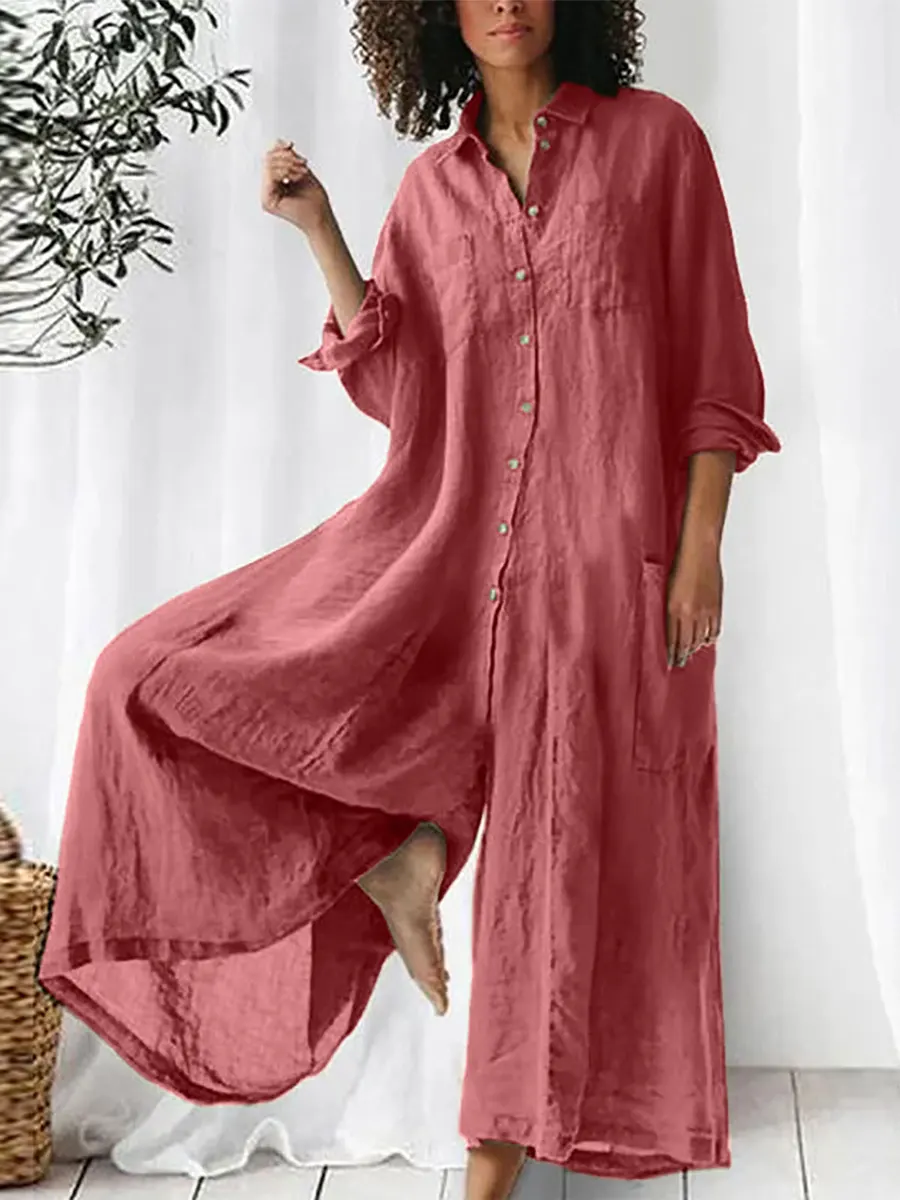 Women's Solid Color Art Casual Long Sleeve Cotton Linen Jumpsuit
