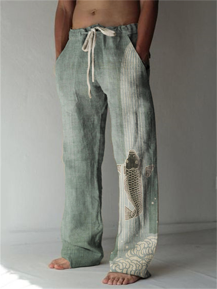 Upstream Carp Japanese Art Linen Blend Casual Pants