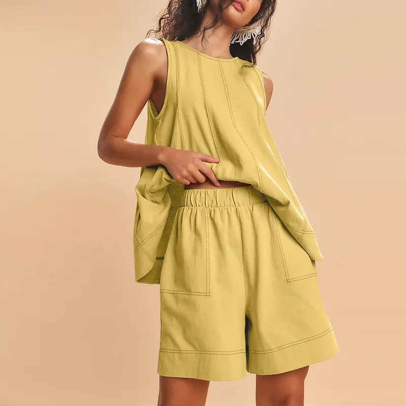 SCUSTY Women's 2-Piece Sleeveless Outfits SetA-Line Tank Tops Paired with High-Waist Shortswith Pockets