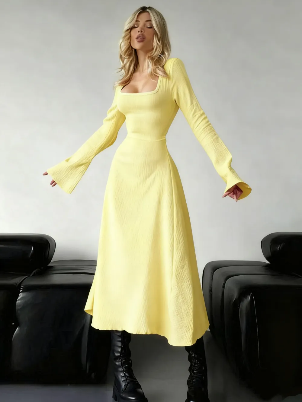 Women's Plain Lace Up Tie Back Flounce Sleeve Dress