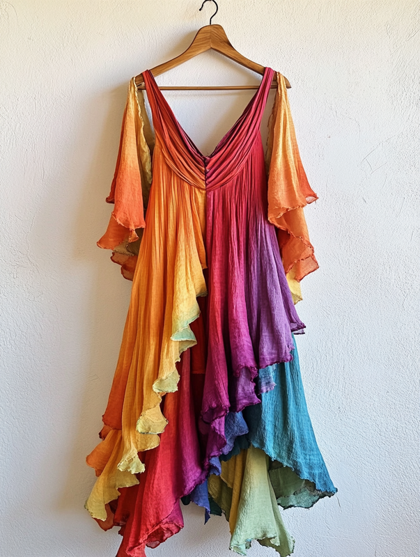 Asymmetrical dress with ruffles for vacation or daily wear fcb1