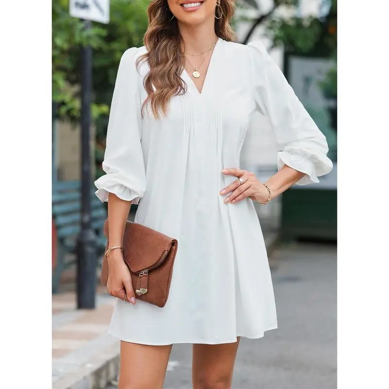 Womens Casual Dress A-Line Ruffle Sleeve V Neck Midi Dress