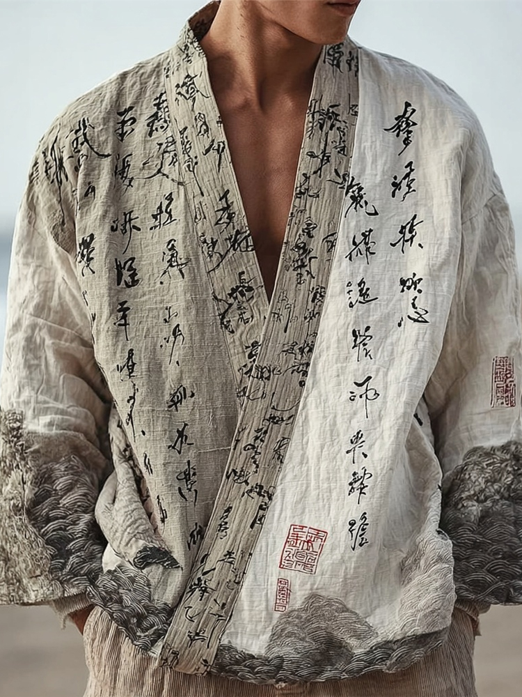 Men's Japanese Landscape Calligraphy Art Contrast Linen Kimono