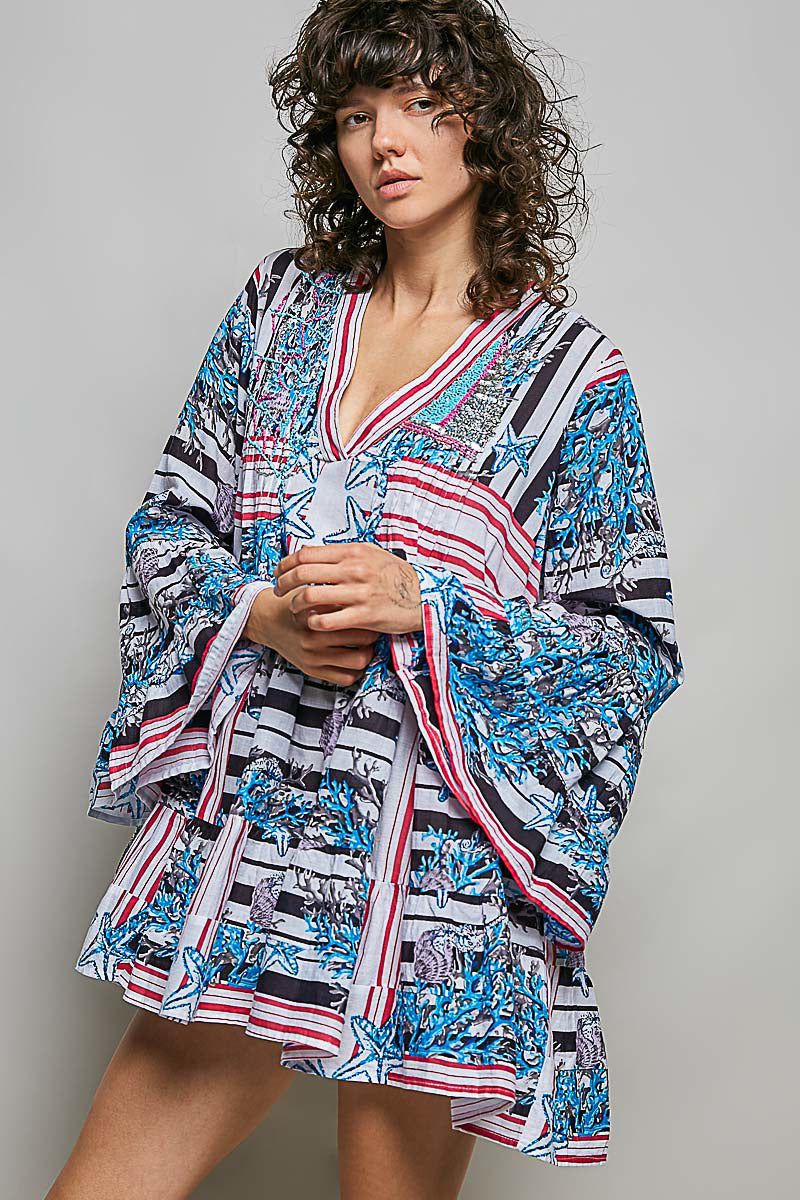 Striped Floral Long Sleeve Mini Dress with Pintuck Detail