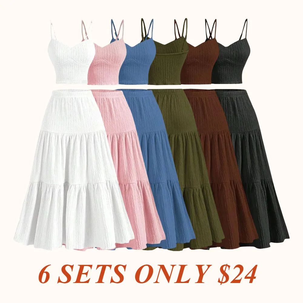 Women's Solid Crop Cami Top & A-line Skirt Two-piece Set, Casual Fashion Cozy Two Piece Outfits for Daily Outdoor Wear