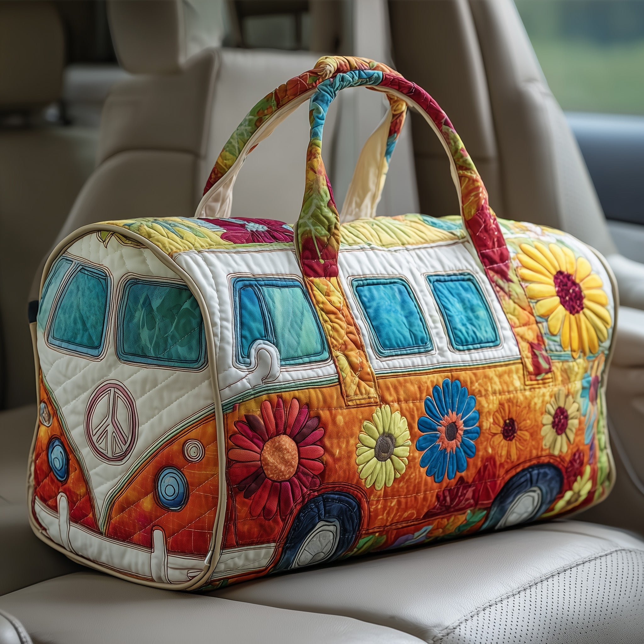 Hippie Van Quilted Duffle Bag – Retro Boho Travel & Weekender Bag