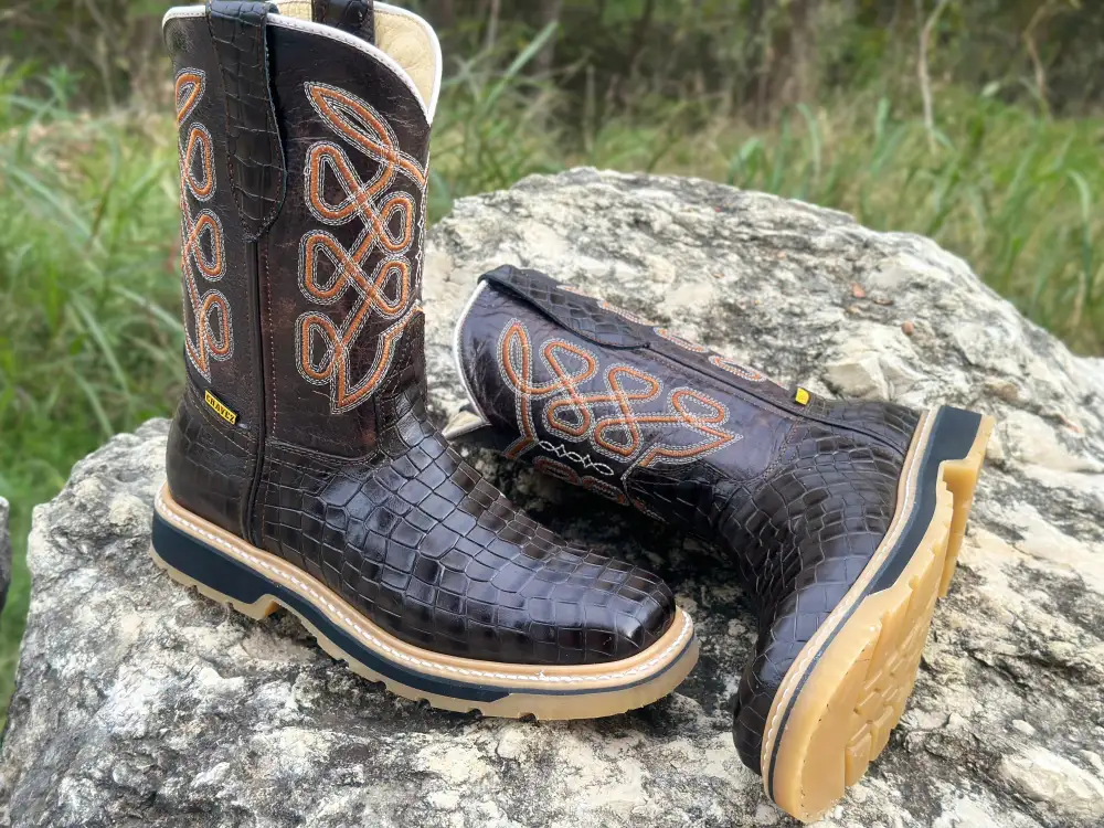 Men’s Dark Brown American Alligator Leather Work Boots. No Steel Toe