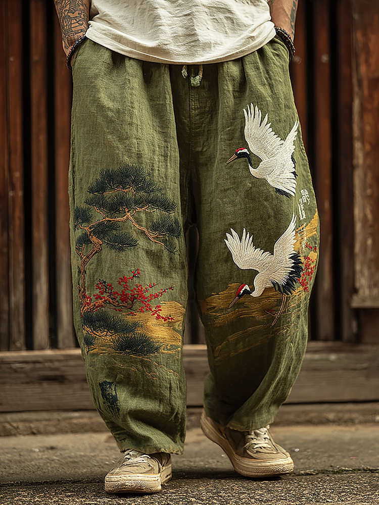 Men's Vintage Japanese Pine Crane Art Embroidery Art Linen Blended Casual Pants