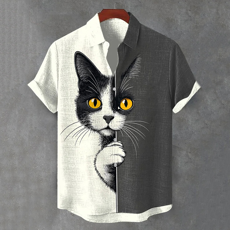 Men's  The Peeping Cat Colorblock Art Casual Short Sleeve Shirts