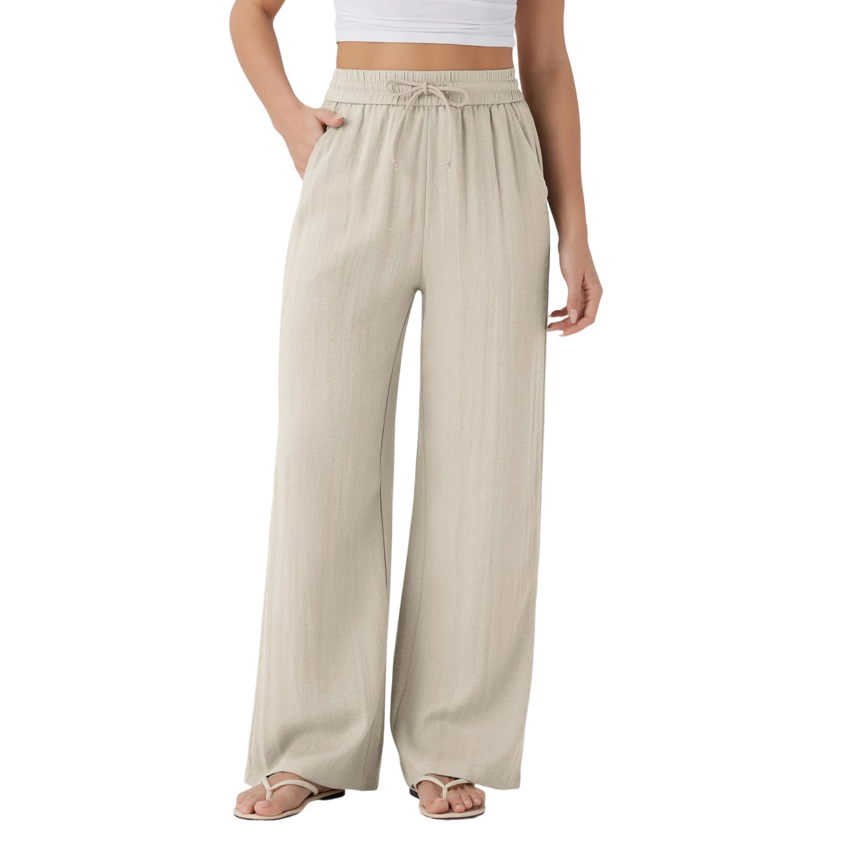 Women's High Waisted Drawstring Pocket Wide Leg Casual Linen-Feel Pants