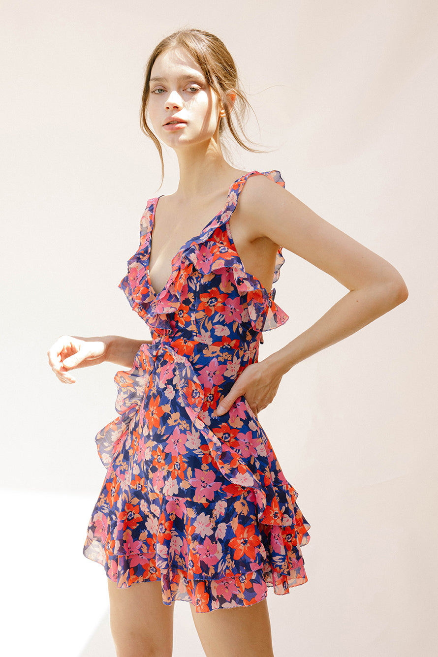 Aerin Blue and Peach Floral Blossom Mini Dress