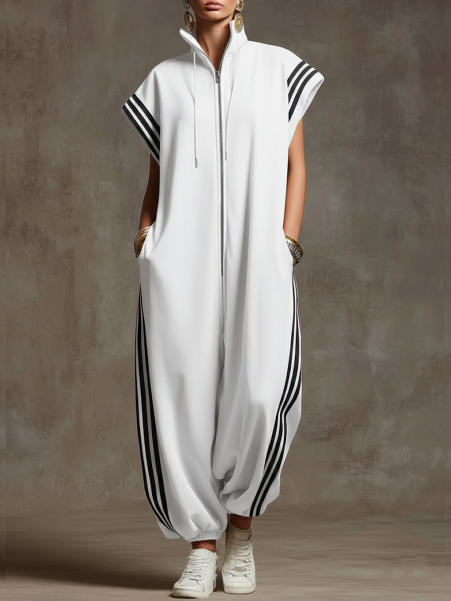 Women's Stand-collar Short-sleeved Casual Loose Cotton Wide-leg Jumpsuit