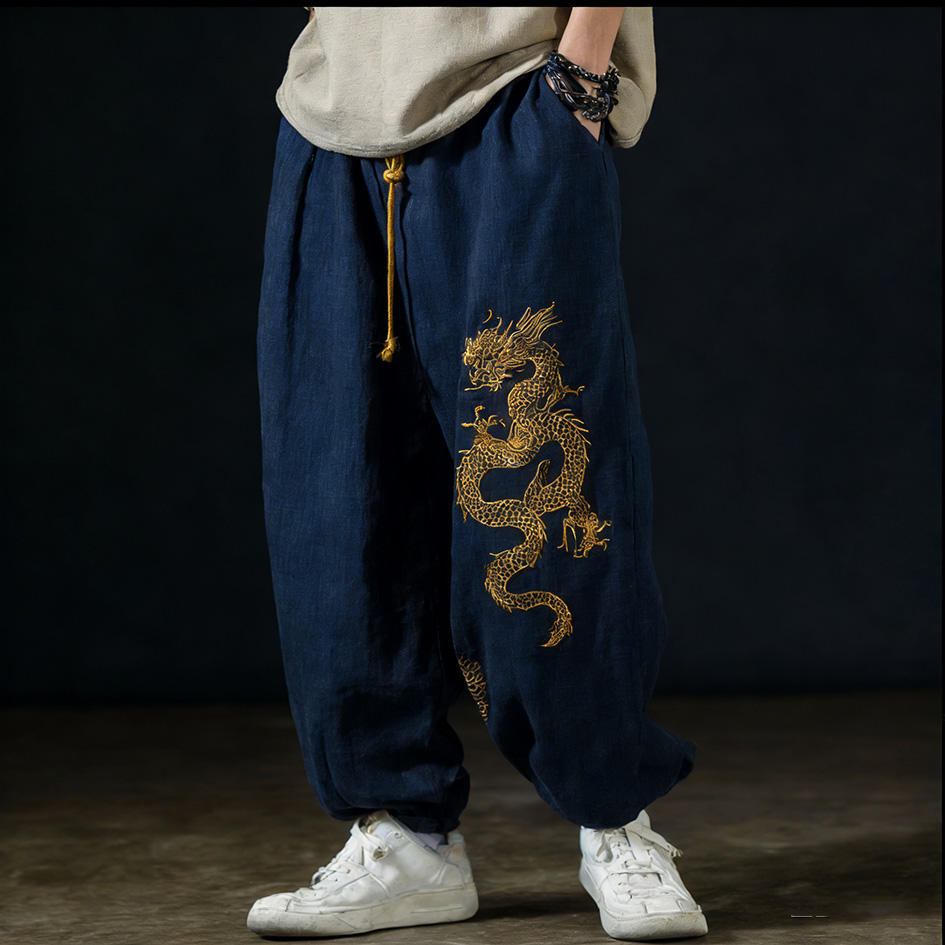 Men's Casual Cotton And Linen Wide-leg Pants With Dragon Patterns And Embroidered Floral Patterns