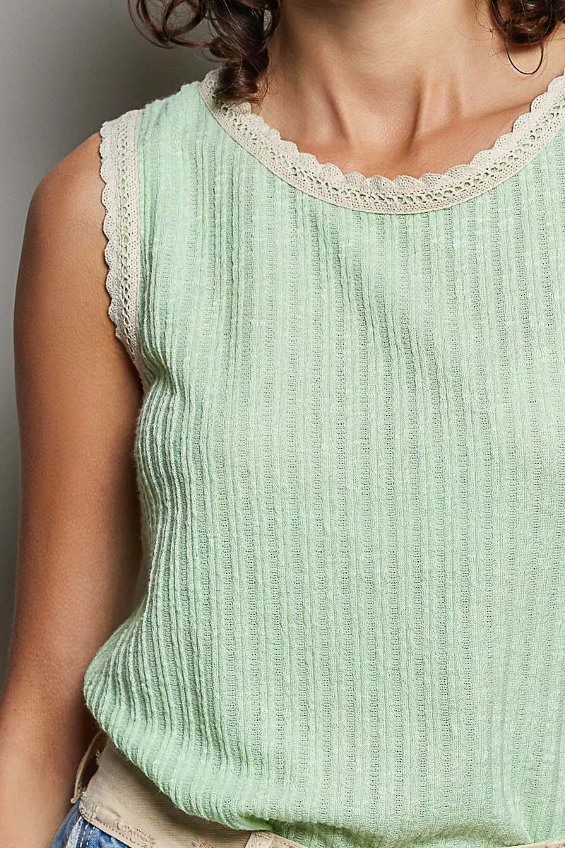 POL Ribbed Round Neck Tank with Lace Trim