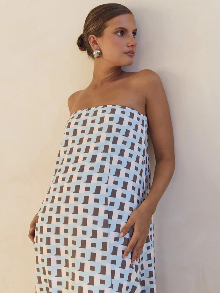 Strapless Off-shoulder Brown Checkered Print Floor Length Dress
