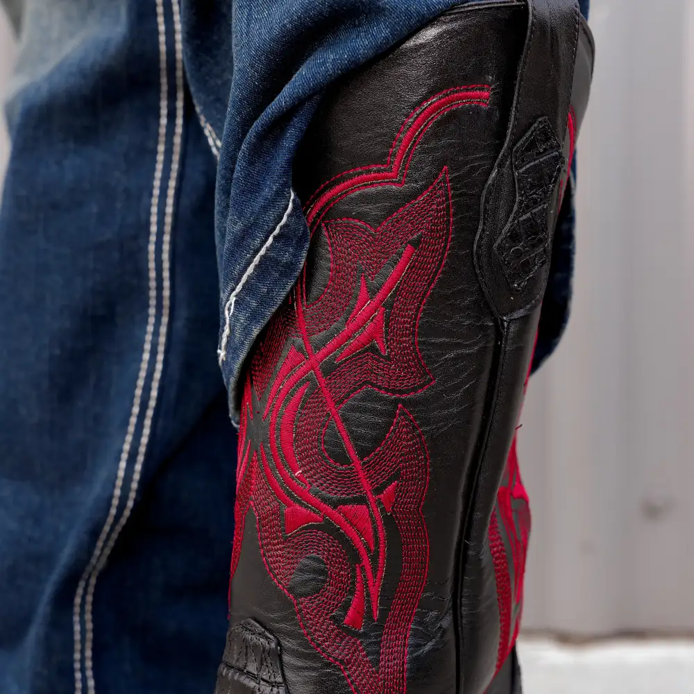 Black Caiman Belly Leather Boots -Square Toe